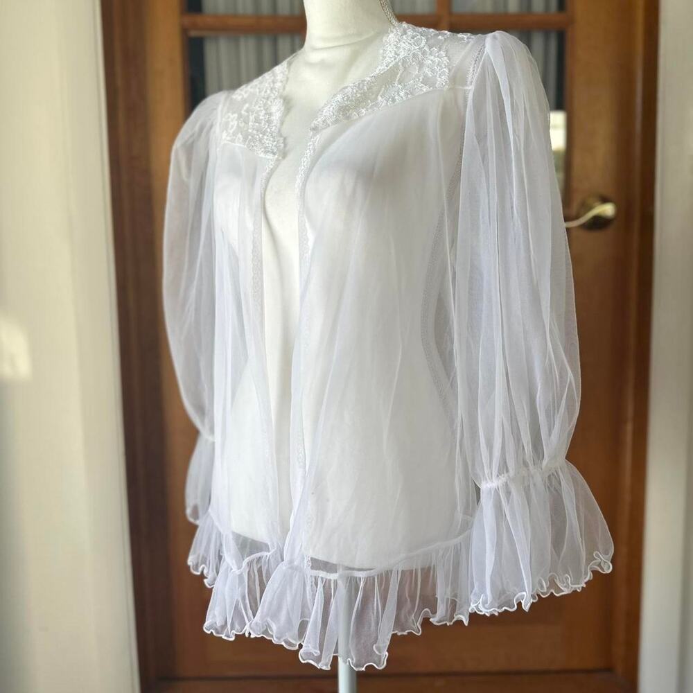 Vintage coquette sheer lace ruffle bridal robe top Size S